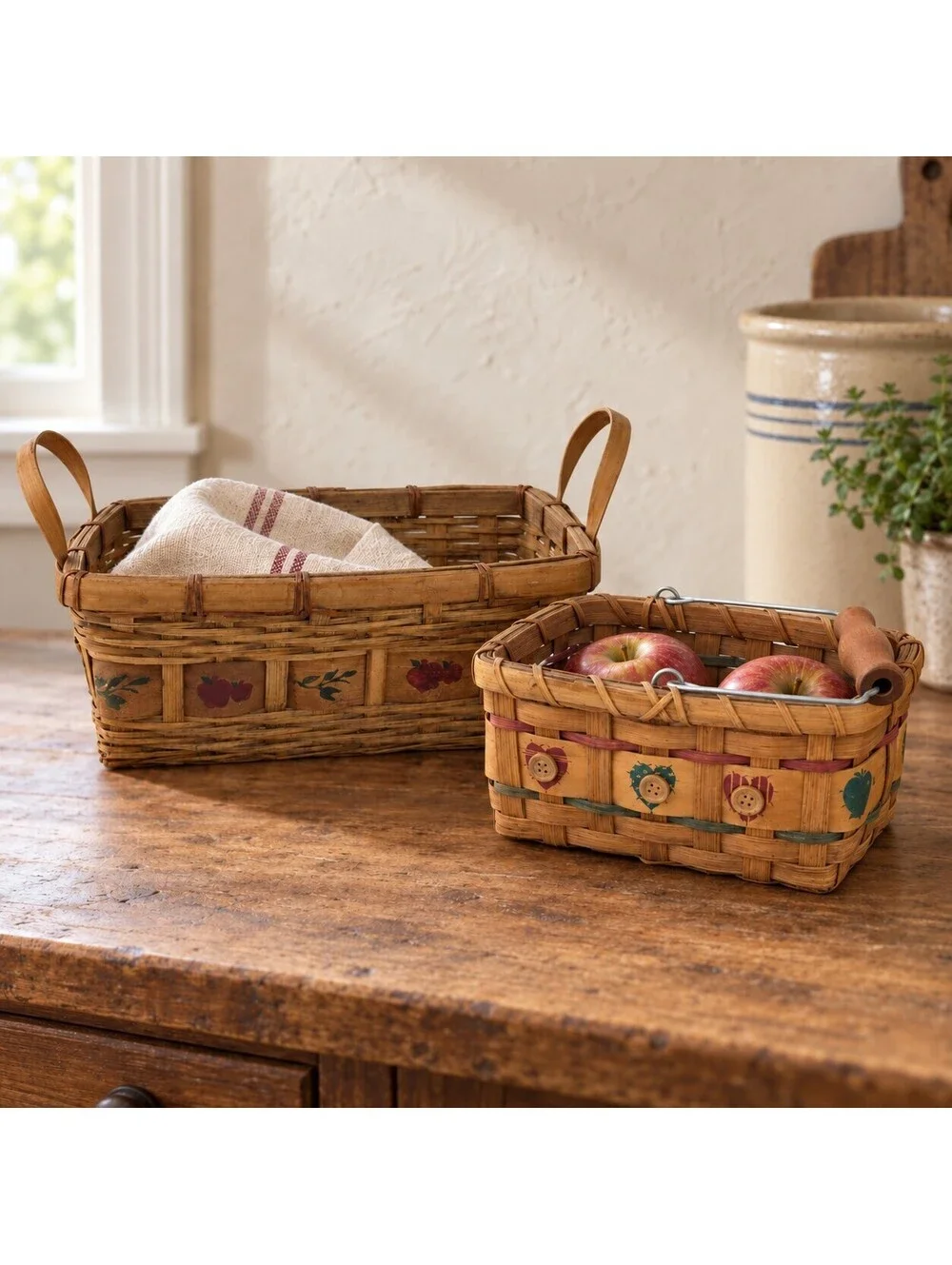 Vintage Woven Basket Pair Fruit Hearts Buttons Rustic Country Decor